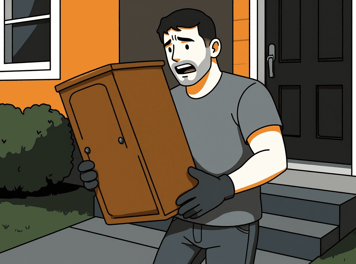 Comic-Illustration: Ein Mann trägt allein und sichtlich angestrengt einen schweren Schrank die Treppe hinunter