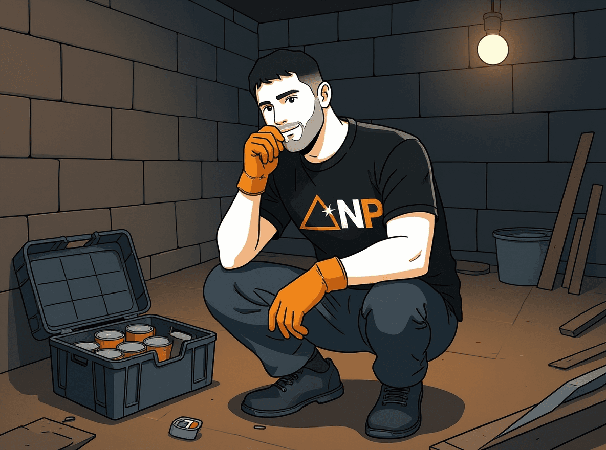 Comic-Illustration: Mitarbeiter sortiert im Keller Farbdosen und Batterien in eine separate Box für Sondermüll