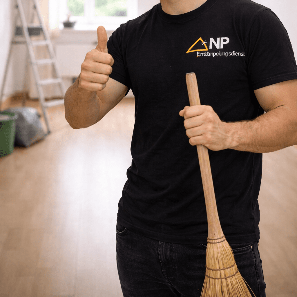 Nico Pfeifer mit Besen nach einer besenrein übergebenen Wohnungsentrümpelung