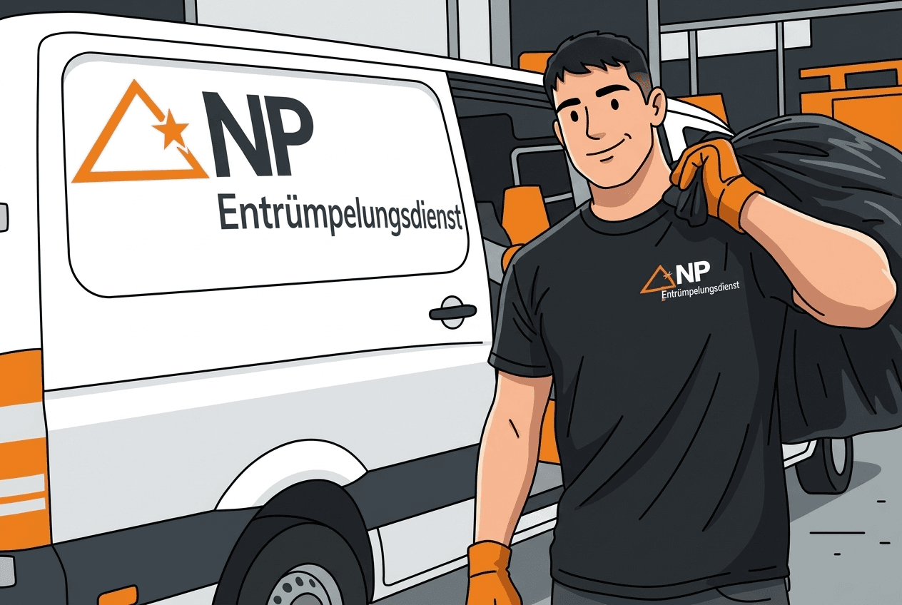 Mitarbeiter von NP Entrümpelung trägt einen Müllsack vor dem Firmenfahrzeug
