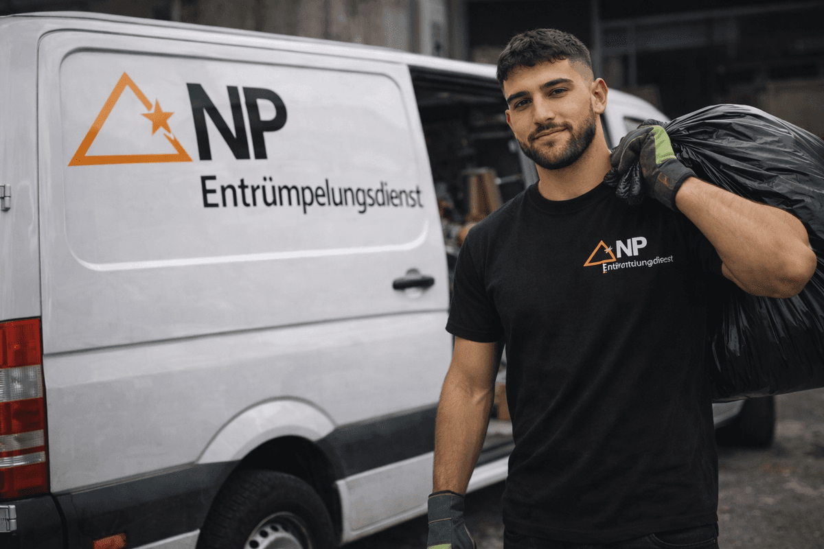 Mitarbeiter von NP Entrümpelung trägt einen Müllsack vor dem Firmenfahrzeug
