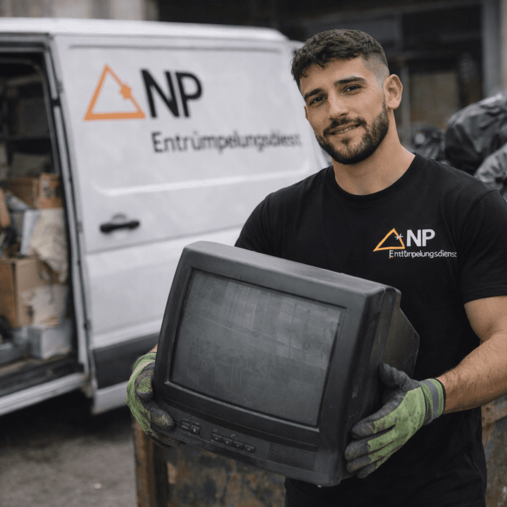 Nico Pfeifer trägt einen alten Röhrenfernseher aus einem Kellerabteil