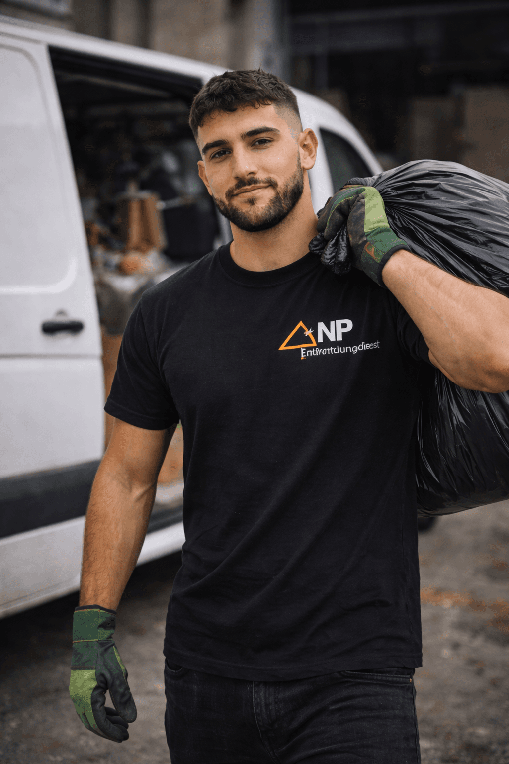 Nico Pfeifer trägt einen Müllsack zum Firmenfahrzeug für die Sperrmüllabholung